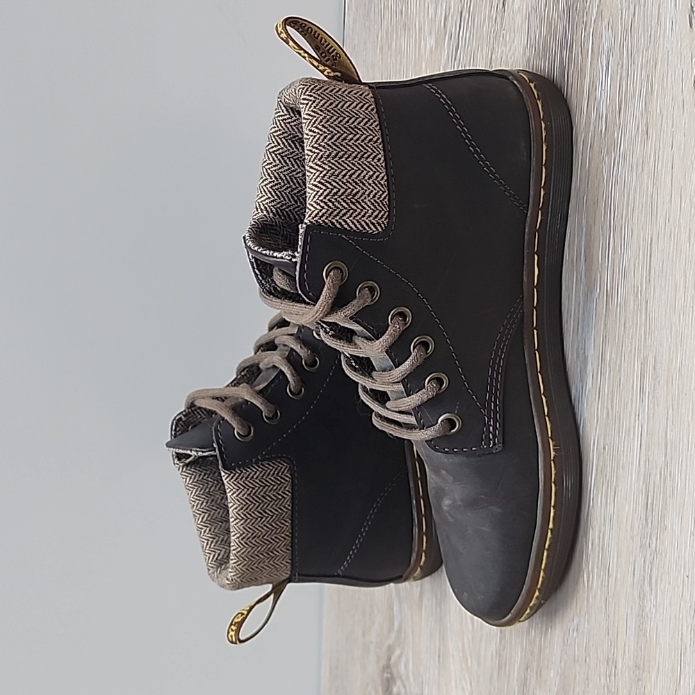 Dr. Martens Women Maelly Dark Brown Leather Boots w/Herringbone Tweed Cuff 6 - Picture 3 of 12